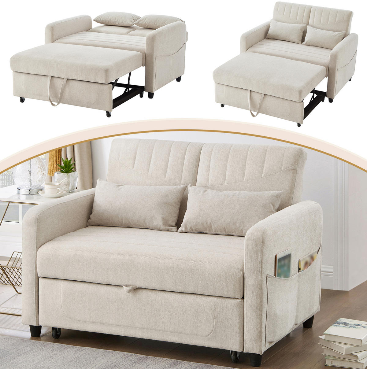 SOFABETT Baumwoll-Leinen mit Ausziehfunktion und verstellbarer Rückenlehne Beige 114/77/82,5 cm - Beige, Textil (77/82.5/114cm) - Redom