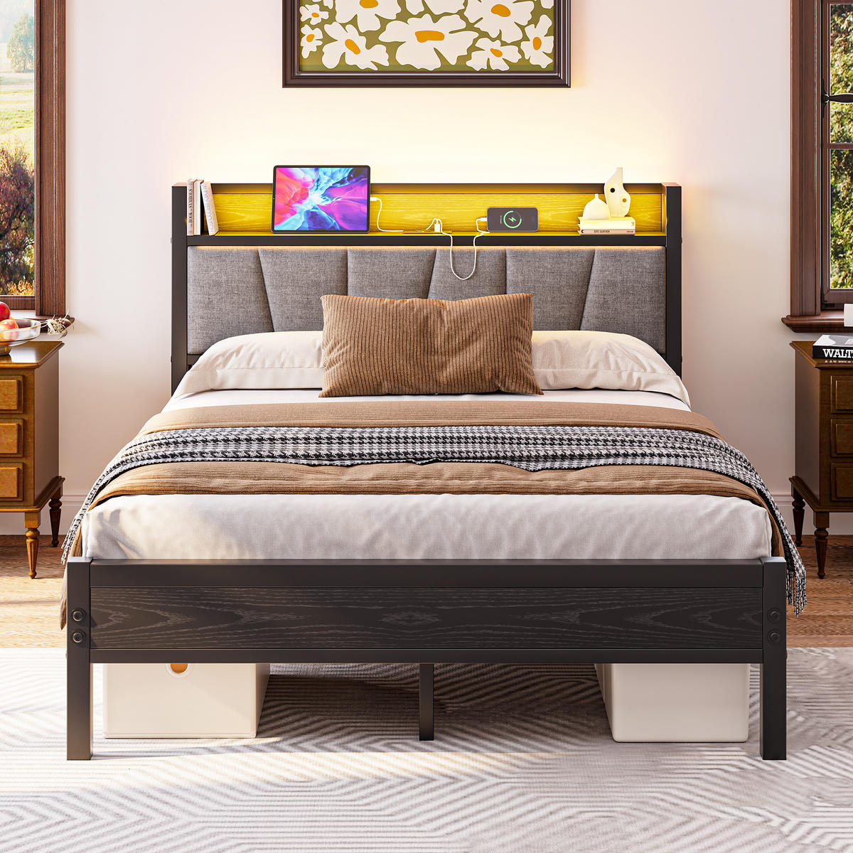 METALLBETT 140/190 cm Schwarz mit LED und USB - Schwarz, Metall (140/190cm) - Oxeza