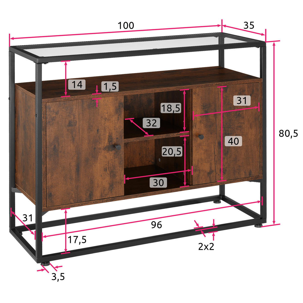 SIDEBOARD Oldham,100 x 38 x 80,5 cm,Industrial Holz dunkel, rustikal - Rostfarben, Holzwerkstoff (38/80.5/100cm) - tectake