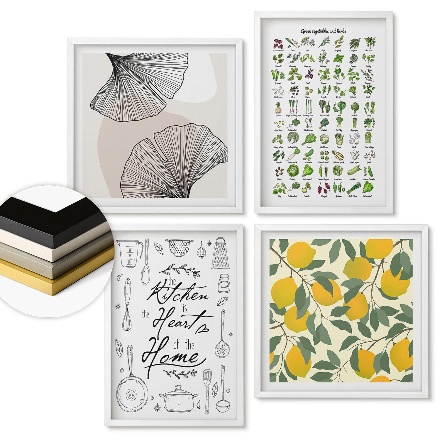 WANDBILDER 4er-Set - 50x50 cm & 40x60 cm Weißer Rahmen - Küchenkräuter-Zitronen-Malerei - Weiß, Kunststoff (50/50cm) - ArtPrintCave