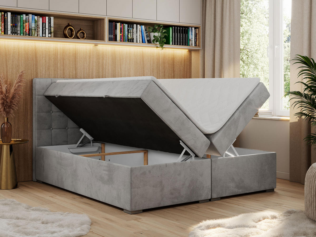 BOXBETT CARMEN 160/200 Hellgrau Velvet - H3 - Hellgrau, Holz/Textil (160/200cm) - MKS