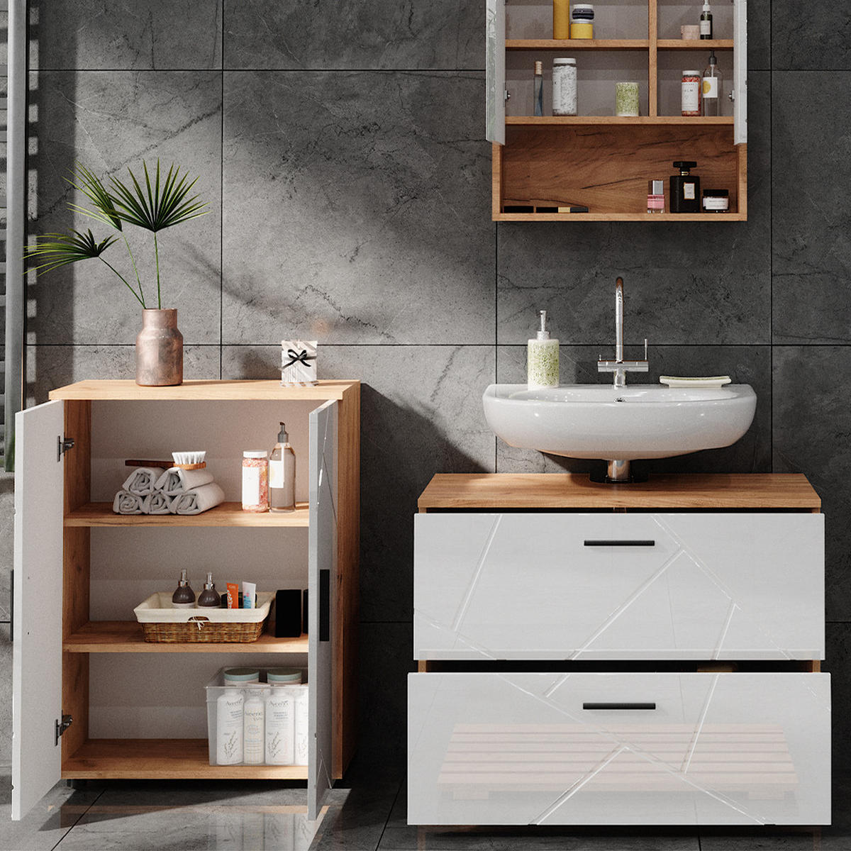 BADMÖBEL-SET Irma Weiß Hochglanz/Goldkraft Eiche 3 Teile mit Unterschrank 80 cm - Honigeiche/Weiß Hochglanz, Holzwerkstoff (80/58/41cm) - Vicco