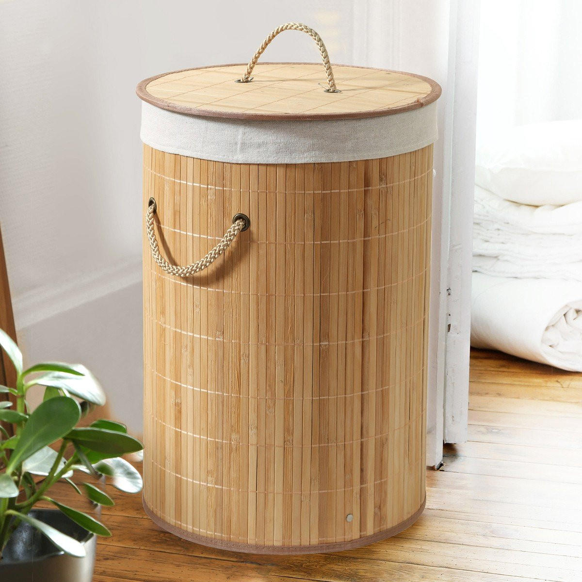 KULATÝ bambusový koš na prádlo, 60 l, výška 50 cm - YSA - jabloňová, dřevo (40/50/40cm) - Calicosy