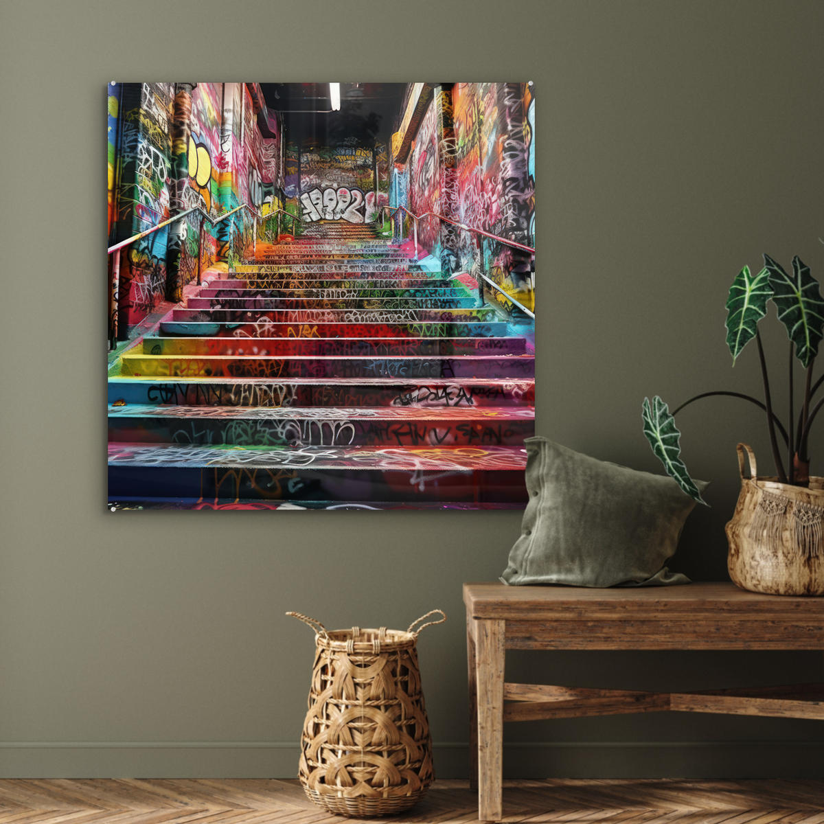 ACRYLGLASBILD Treppe - Graffiti - Farben - Kunst 90x90 cm - Multicolor, Glas (90/90cm) - MuchoWow