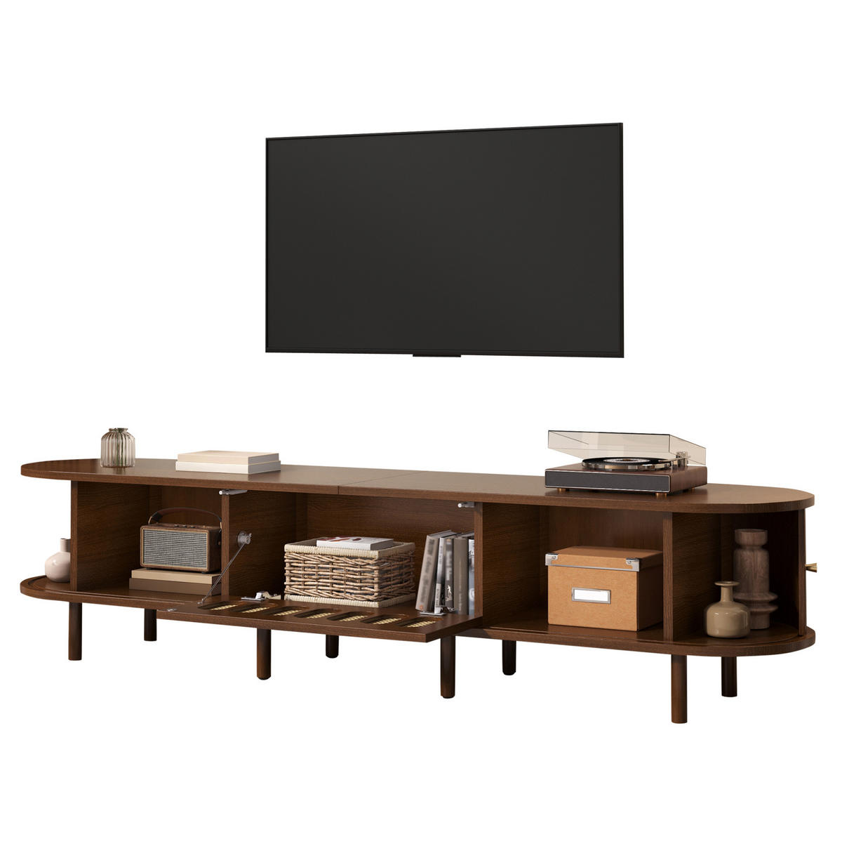 TV skrinka 180/40/40 cm tmavý orech z MDF s ratanovým vzhľadom a roletovými dvierkami - hnedá, kompozitné drevo (180/40/40cm) - OKWISH