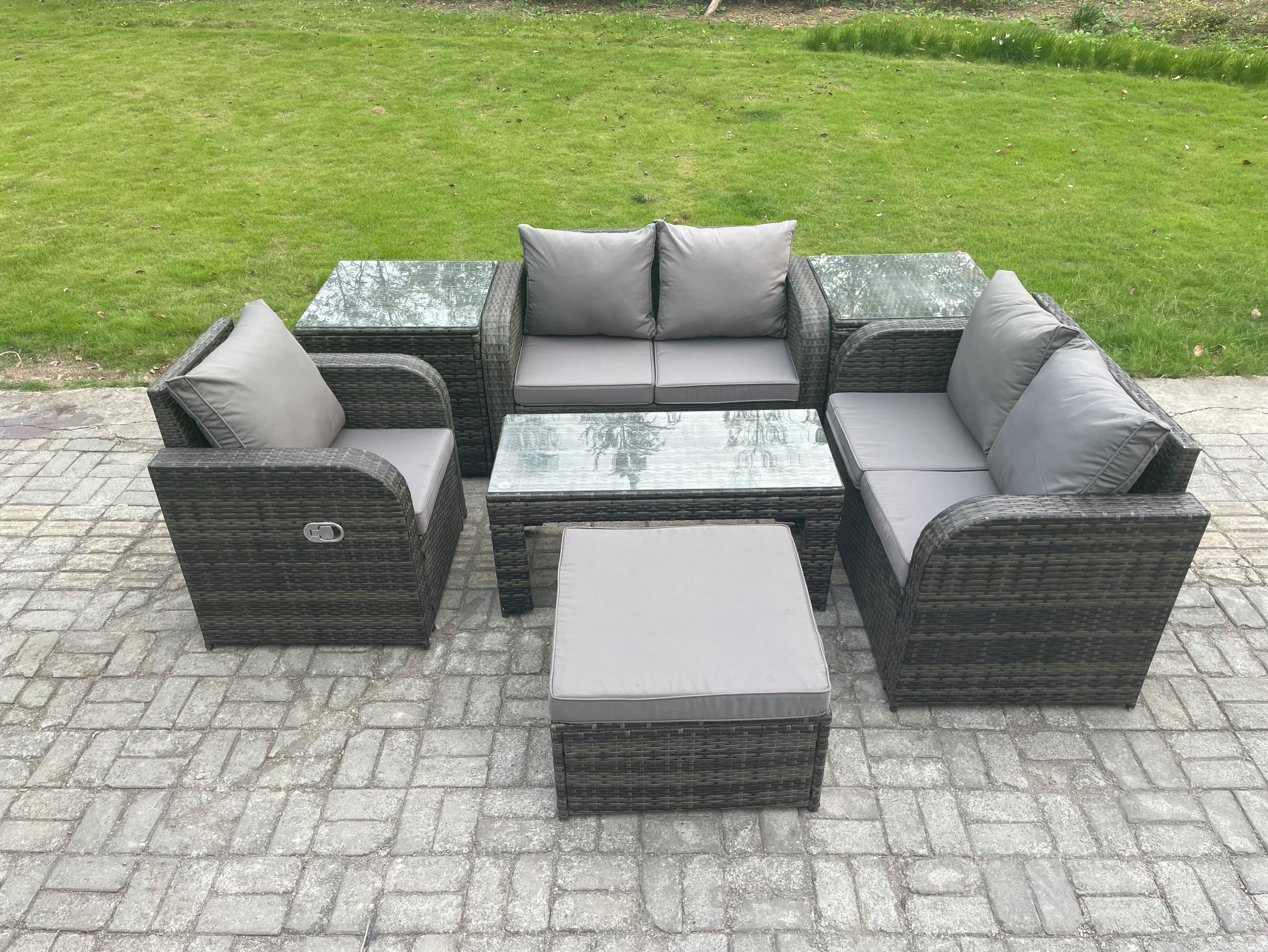 GARTENSOFA SET mit rechteckigem COUCHTISCH Polyrattan 6-Sitzer Dunkelgrau - Dunkelgrau/Grau, Glas/Kunststoff - Fimous