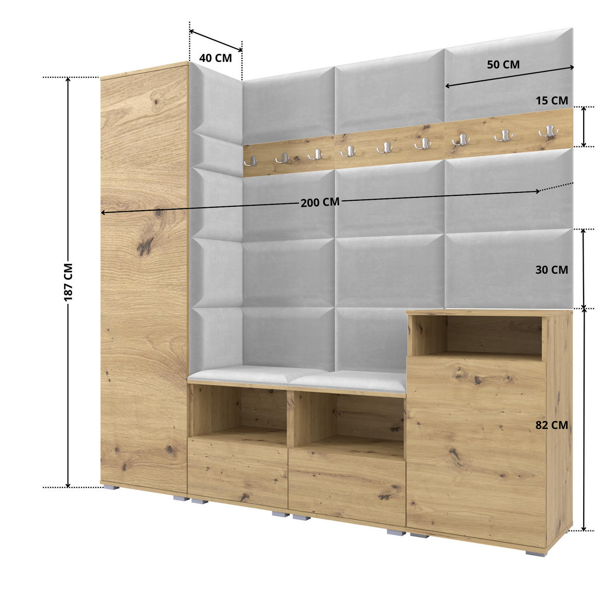 GARDEROBE NELA X 200 cm (Modulare Flurmöbel Artisan Eiche mit Sitzpolster Hellgrau 32 Schrank + Sideboard) - Silberfarben/Hellgrau, Holz/Holzwerkstoff (200/187/40cm) - Ravio