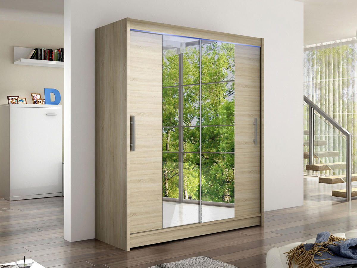 SCHWEBETÜRENSCHRANK Westa II, mit RGB LED Beleuchtung - Silberfarben/Sonoma Eiche, Holzwerkstoff/Metall (150/200/58cm) - MIRJAN24