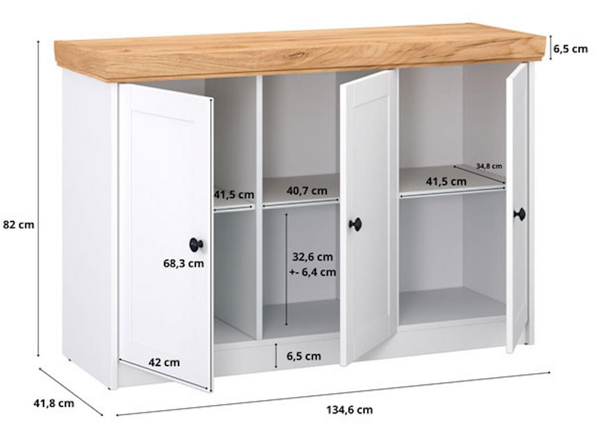 KOMMODE Sky weiß / Eiche Gold Craft 135 / 41 / 82cm - Eichefarben/Weiß, Holzwerkstoff/Metall (135/82/41cm) - Feldmann-Wohnen