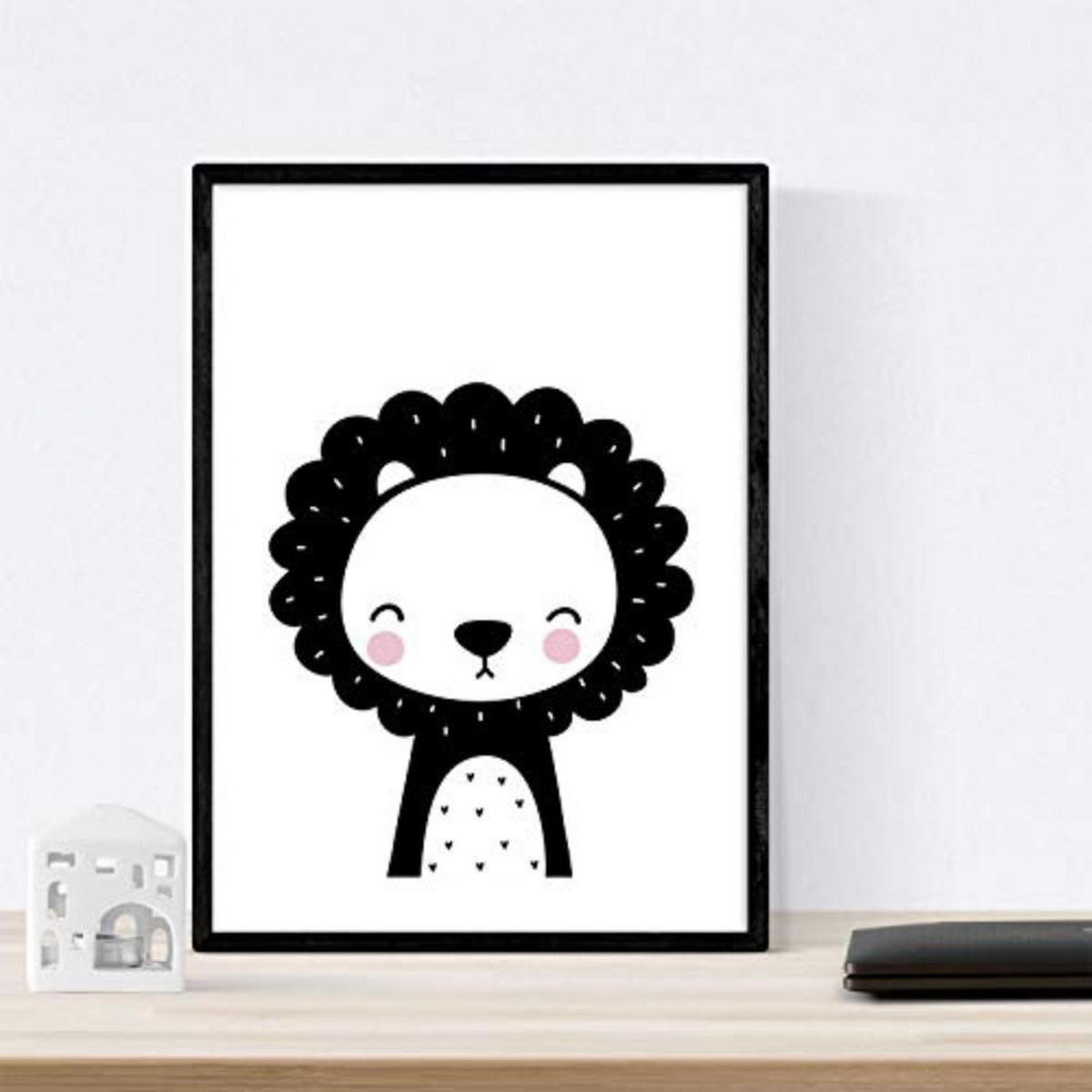 POSTER Set mit 4 Fox, Leon, Katze und Tiger Tieren A3 Schwarzer Rahmen - Schwarz, Papier (29.7/3cm) - Nacnic