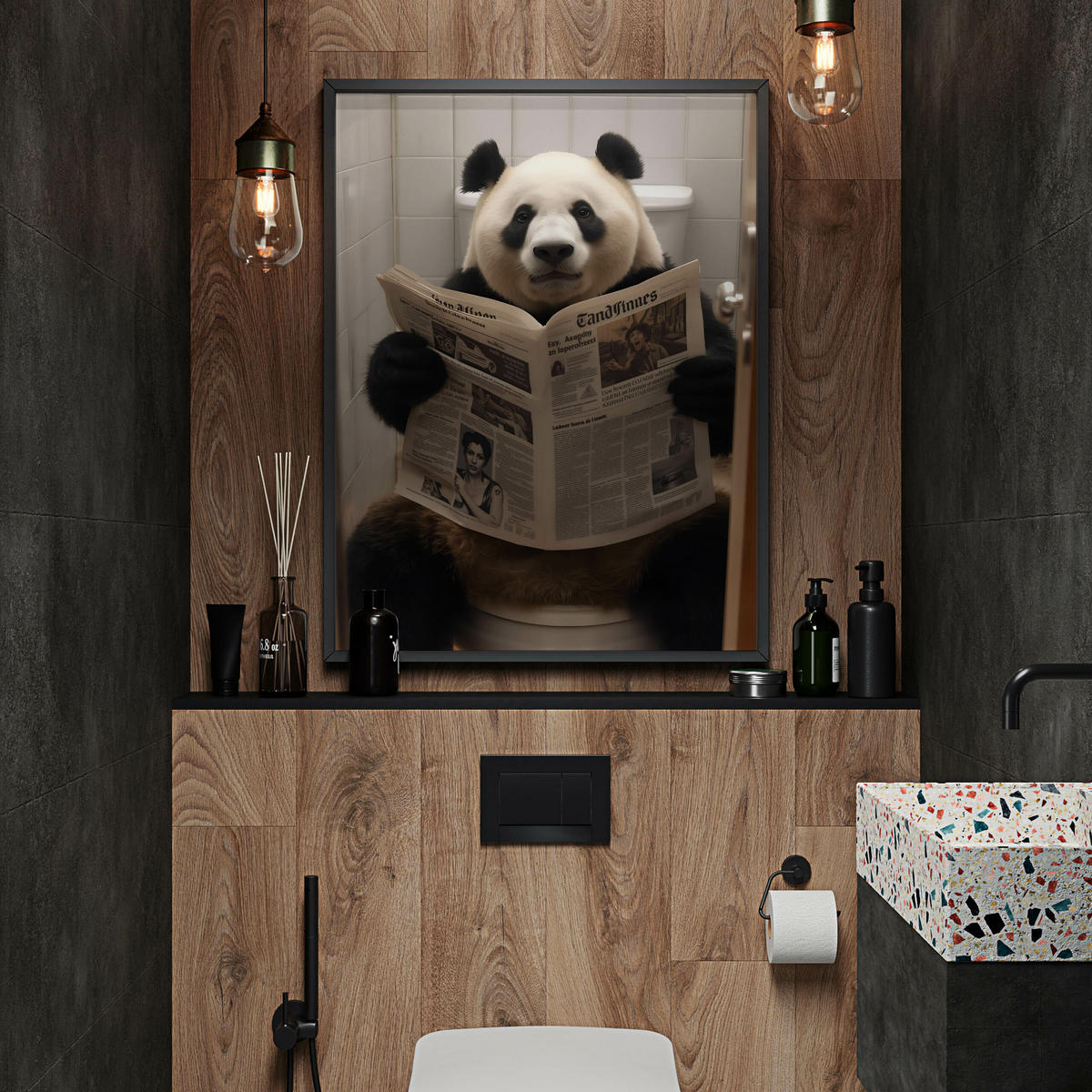 POSTER für Badezimmer WC PANDA auf Toilette mit Zeitung Abstraktion 30x40cm - Beige/Schwarz, Papier (30/40/40cm) - Muralo