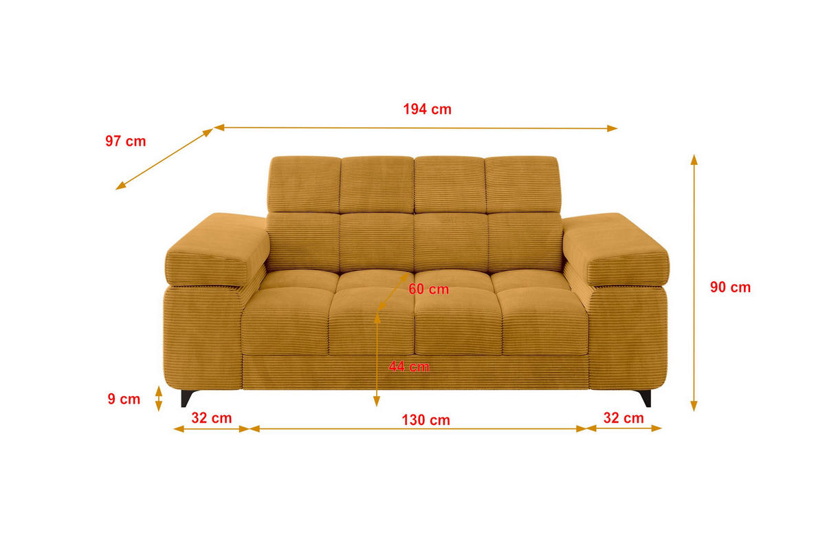 SOFA 2-Sitzer LORD-S1 194x97x90 cm Senfgelb Cord - Dunkelgelb, Holzwerkstoff/Textil (194/90/97cm) - ALTDECOR