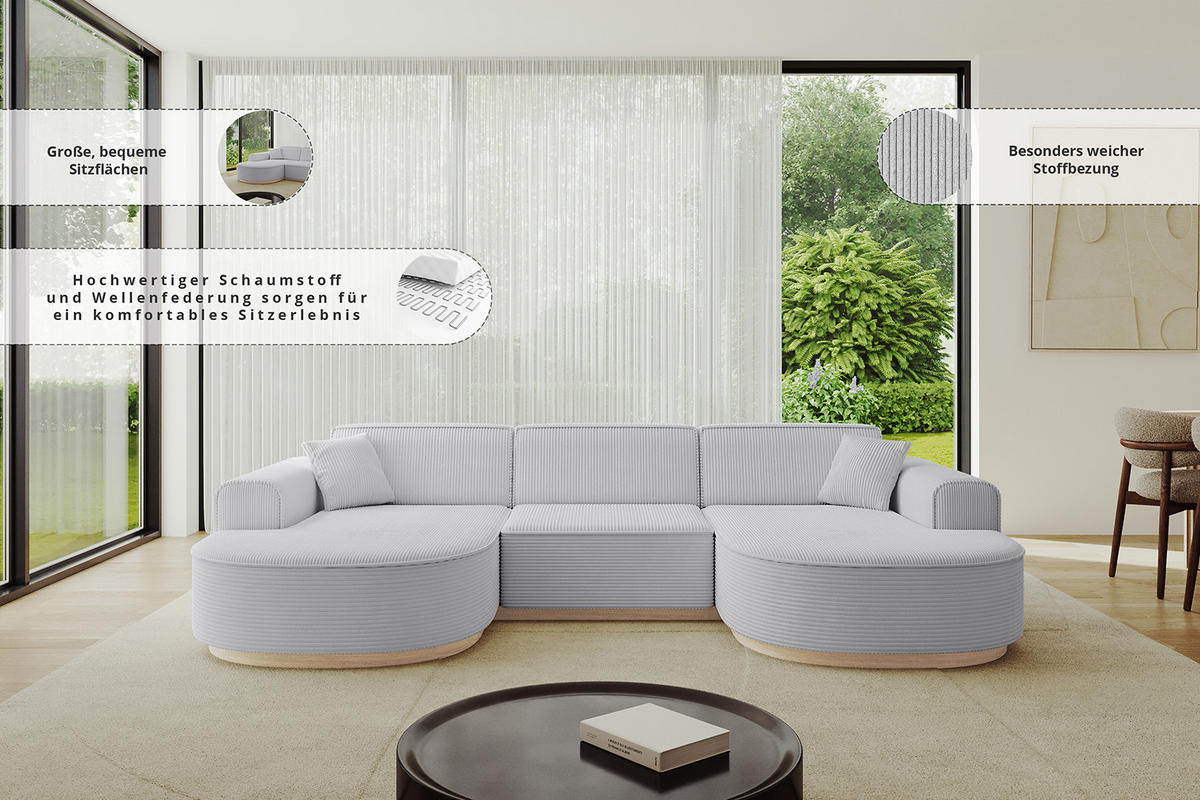 WOHNLANDSCHAFT MARI-U1 - 295x163x81 cm Dunkelgrau Cord - Dunkelgrau/Schwarz, Holzwerkstoff/Kunststoff (295/81/163cm) - ALTDECOR