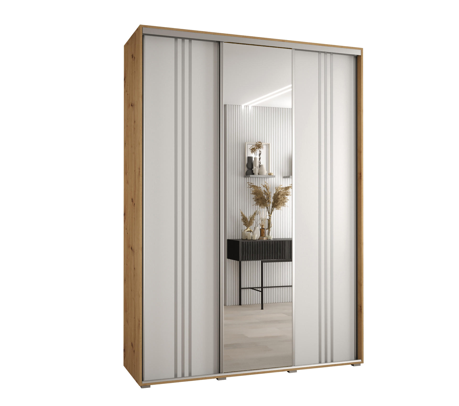 Abiks Möbel SCHWEBETÜRENSCHRANK Eiche Artisan, Weiß, Silber 180cm × 45cm × 235cm