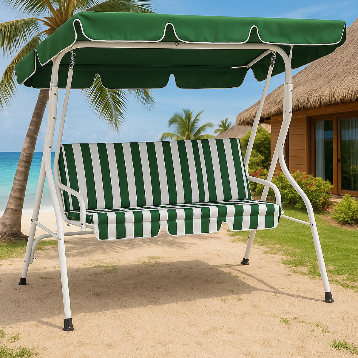 HOLLYWOODSCHAUKEL Florenz, 3-Sitzer, 170 cm, Farbe: weiss / grün - Grün, Metall (170/153/110cm) - TPFGarden