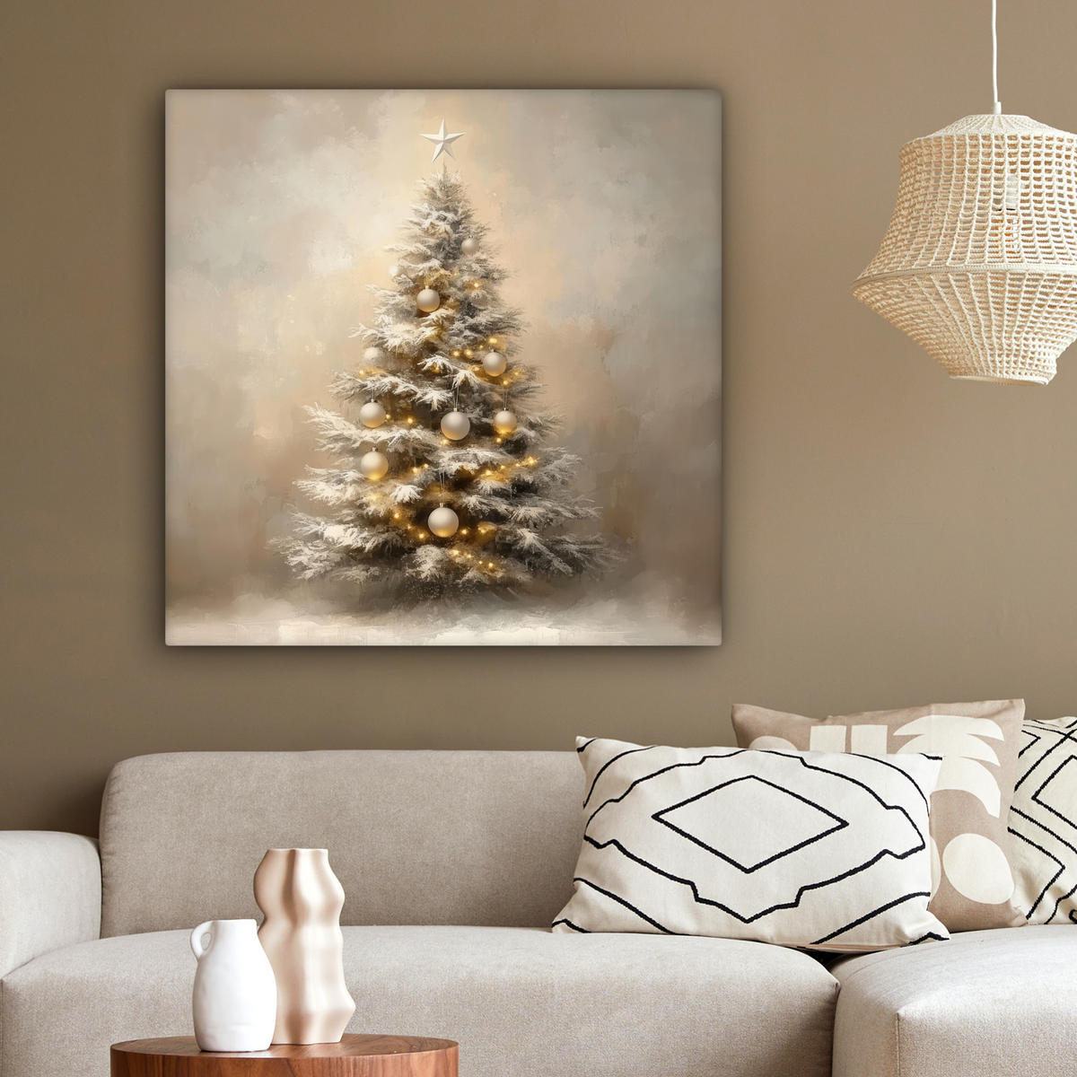 LEINWANDBILD Weihnachten - Weihnachtsbaum - Schnee - Kunst 90x90 cm - Champagner, Textil (90/90cm) - MuchoWow