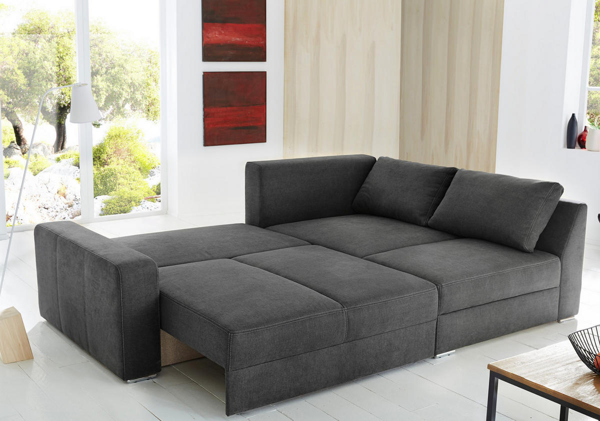 ECKSOFA-DAUERSCHLÄFER Boxspring Federkern Topper Bettkasten, seitenverkehrt montierbar B260/T181/H88 cm, Mikrofaser in Grau Anthrazit / 15107 - Chromfarben/Schieferfarben, Textil/Metall (260/181cm) - luma-home