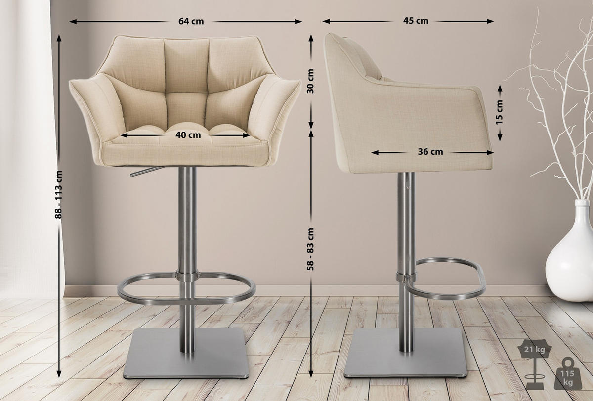 BARHOCKER 2er Set Stoff Creme - Edelstahlfarben/Creme, Textil/Metall (64/88/45cm) - CLP