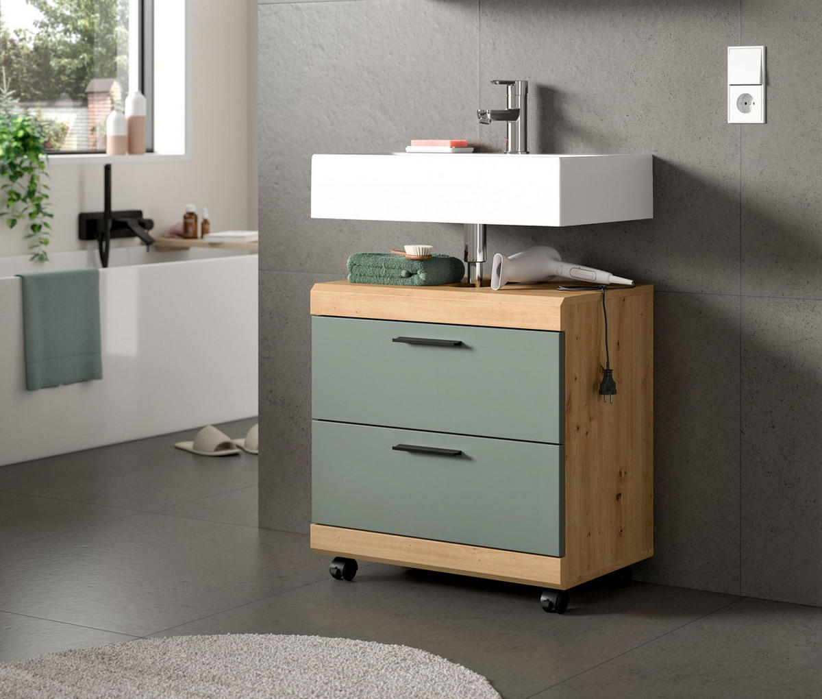 WASCHBECKENUNTERSCHRANK auf Rollen SCOUT (B/H/T: ca. 60/60/34 cm) in Artisan Eiche Nachbildung/Salbei - Eiche Artisan, Holzwerkstoff (60/60/34cm)
