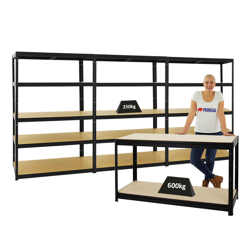 WERKBANK Big Dino höhenverstellbar & 3x SCHWERLASTREGAL Big Elephant M Set Fachlast bis zu 600 kg Schwarz - Schwarz, Metall (480/180/60cm) - PROREGAL