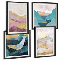 BILDER SET 4er Set - 50x50 cm & 40x60 cm Schwarzer Rahmen - Abstrakte Berge Sonne - Schwarz, Kunststoff (50/50cm) - TULUP