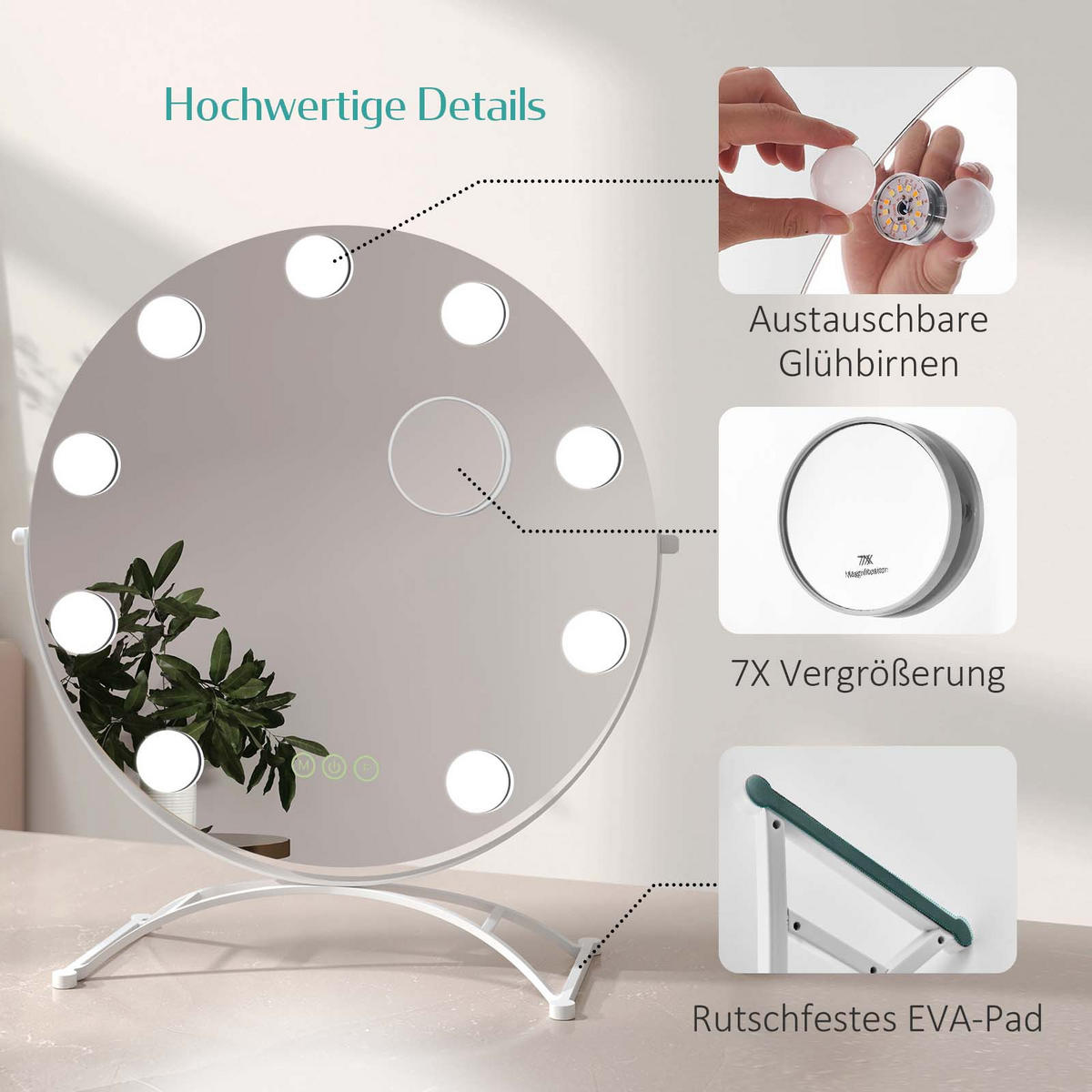 KOSMETIKSPIEGEL Rund mit Beleuchtung, Weiß, Ø50 cm - Weiß, Glas (50/6/50cm) - EMKE