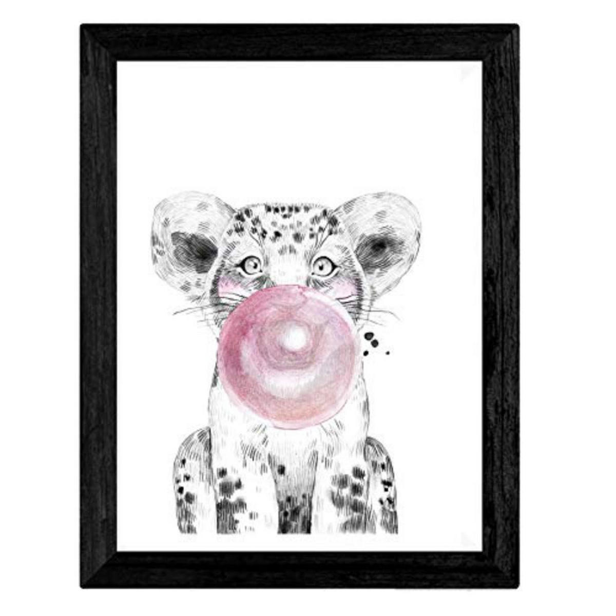 POSTER Set mit 4 Kinder Tiere mit rosa Kaugumm A3 Schwarzer Rahmen - Schwarz, Papier (29.7/3cm) - Nacnic