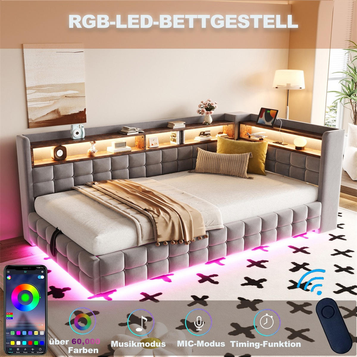POLSTERBETT 90x200 cm mit hydraulischem Stauraum und Regal - LED Beleuchtung - USB & Typ-C - Hellgrau - ohne Matratze - Hellgrau, Textil (90/200cm) - DELFA