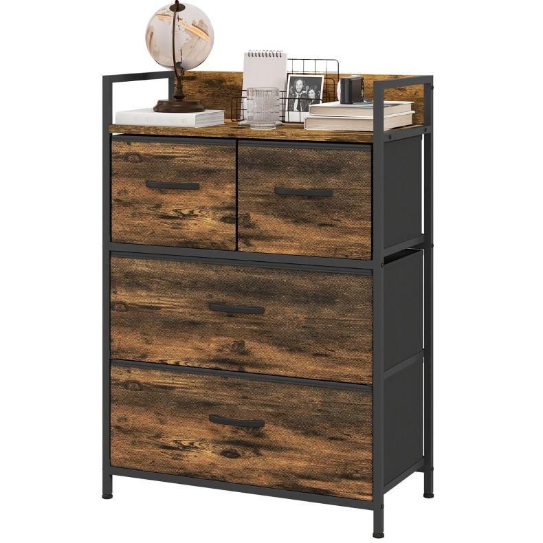KOMMODE aus Polyester und Stahl 29x60x85 cm Rustikalbraun mit 4 Stoffschubladen, Ablage und Industrial-Design - Braun, Holzwerkstoff (60/85/29cm) - Modfu