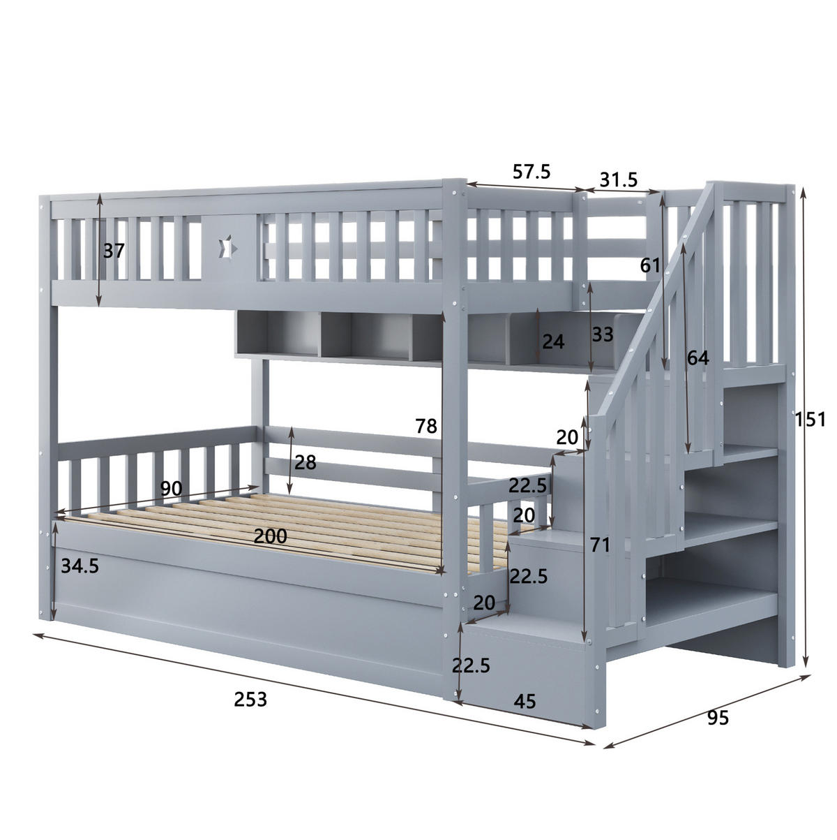 ETAGENBETT 90/200 cm aus Holz mit hydraulischem Stauraum und Regaltreppe Grau - Grau, Holz (90/200cm) - Modenvie
