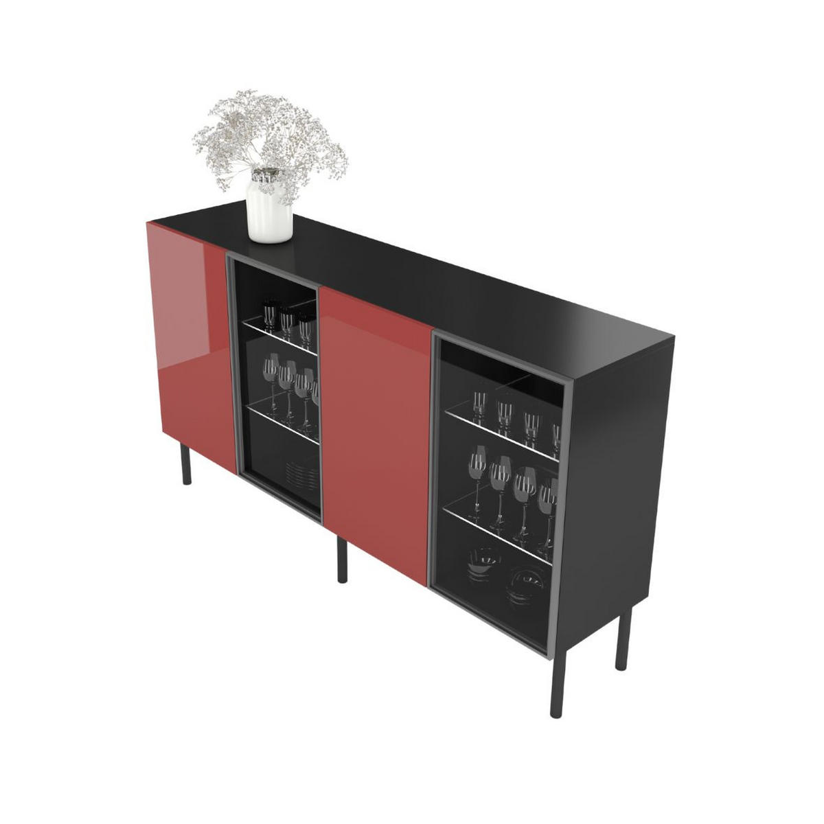 SIDEBOARD Lilka, Glastür, Beleuchtung, Schwarz-Rot, 138 cm - Schwarz, Holzwerkstoff/Metall (138.3/93/38cm) - Skandica