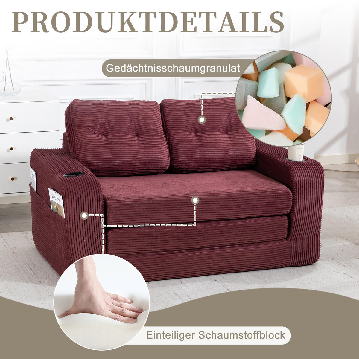 SCHLAFSOFA in Rotwein Cord mit Getränkehalter und Seitentaschen - Weinrot, Textil (136/82.5/80cm) - Oxeza