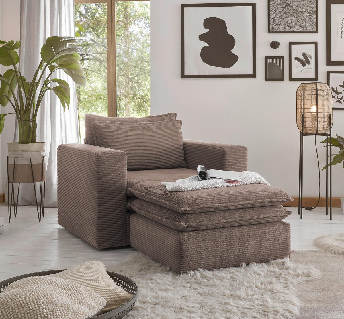 LOVESEAT Set braun Cord, Loungesessel inklusive Hocker - Beige/Braun, Holz/Kunststoff (110/83/161cm) - Furn.Design