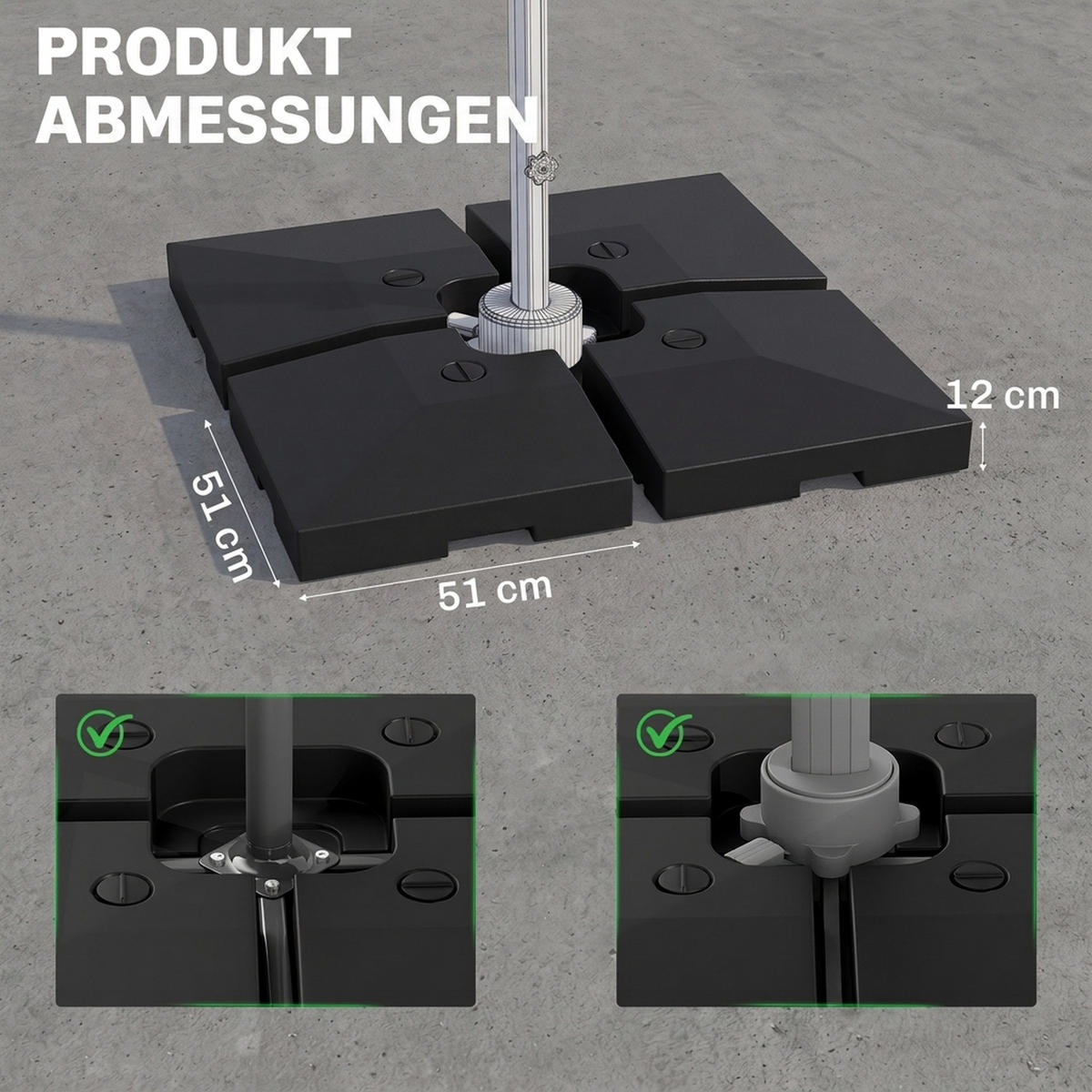 SONNENSCHIRMSTÄNDER befüllbar mit Sand Wasser HDPE-Kunststoff Schwarz Maße pro Element 51 x 51 x 12 cm bis zu 130 kg - Schwarz, Kunststoff (51/51cm) - Outsunny