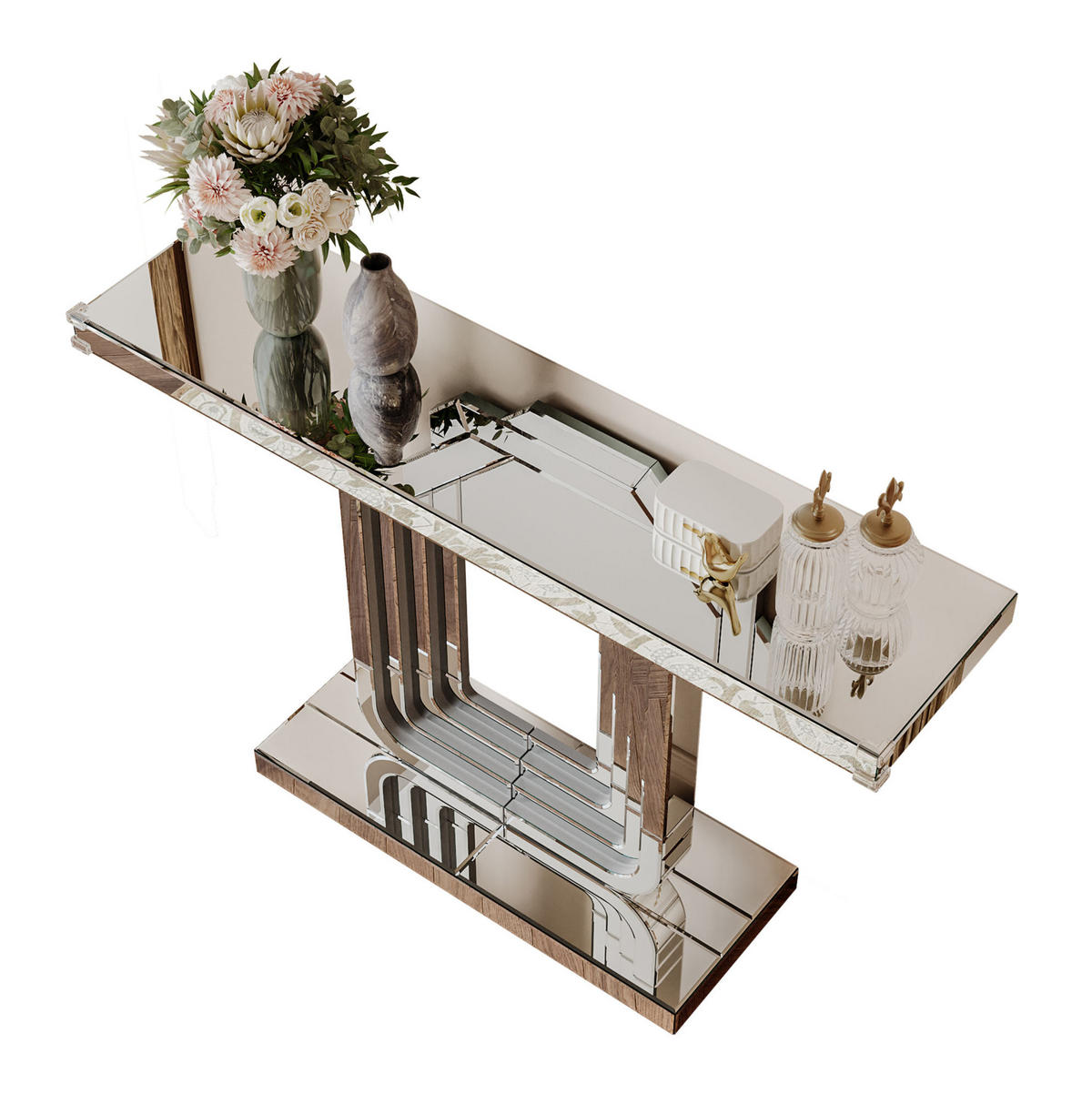 KONZOLOVÝ stolek ze skla a MDF 120x30x76 cm stříbrný se zrcadlovým povrchem a stabilní podnoží ve tvaru U - stříbrná, kompozitní dřevo (30/120/76cm) - Modfu