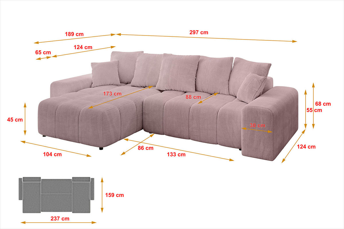 ECKSOFA Ottomane links/rechts ENIL-L 297x189x68 Rosa Cord - Rosa, Holzwerkstoff/Kunststoff (297/189cm) - ALTDECOR