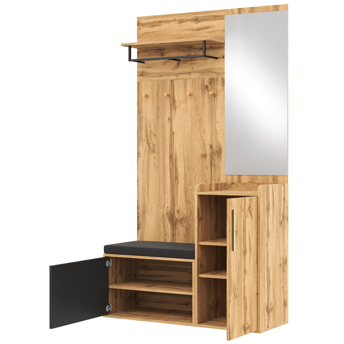 GARDEROBE Flurgarderobe Set Multifunktion mit Spiegel Sitzbank Schuhschrank Soft-Close Eiche Schwarz - Schwarz/Naturfarben, Glas/Holzwerkstoff (100/185/38cm) - EVRYAE