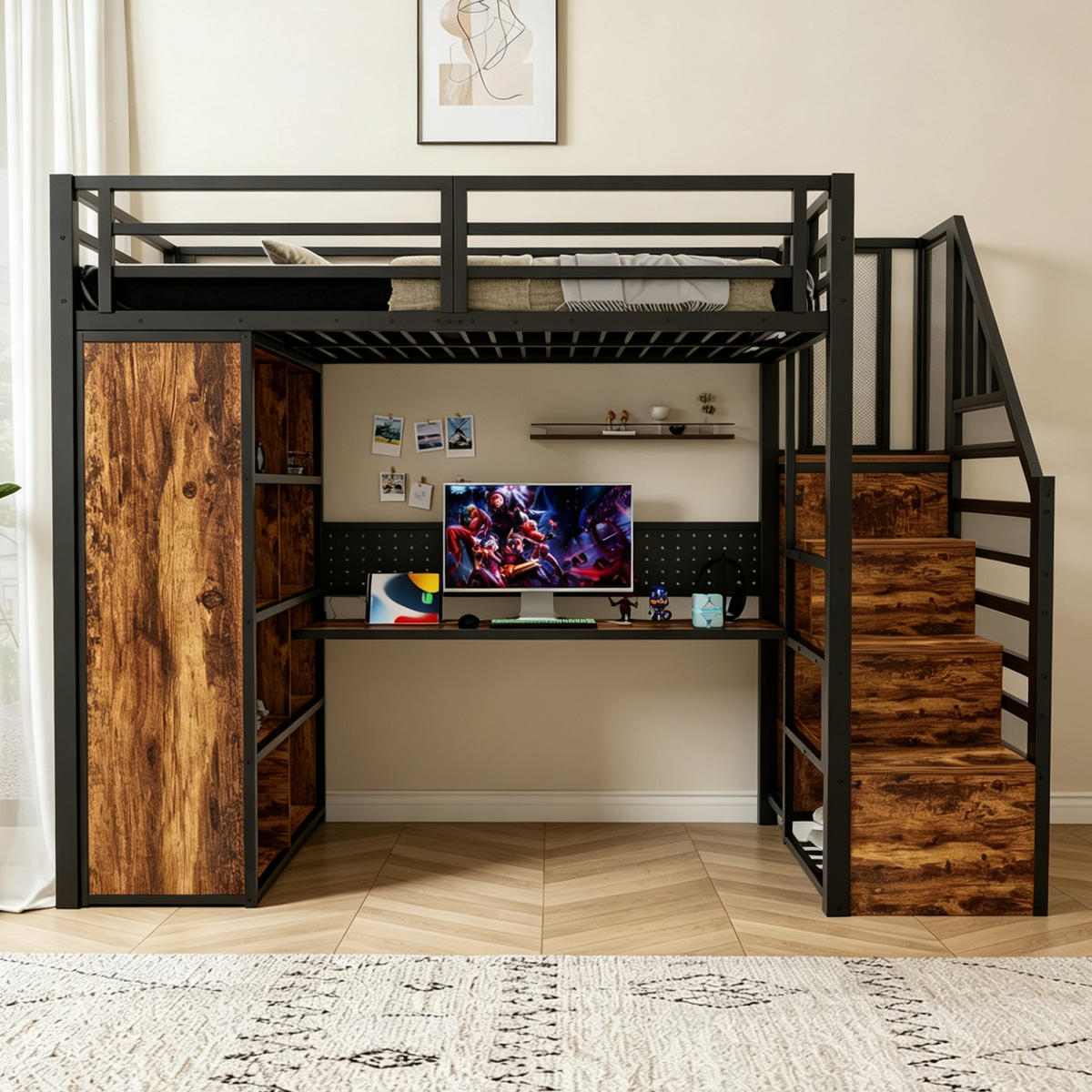 HOCHBETT 90x200cm mit Schreibtisch Schrank LED Schwarz - Schwarz, Metall (90/200cm) - FLIEKS