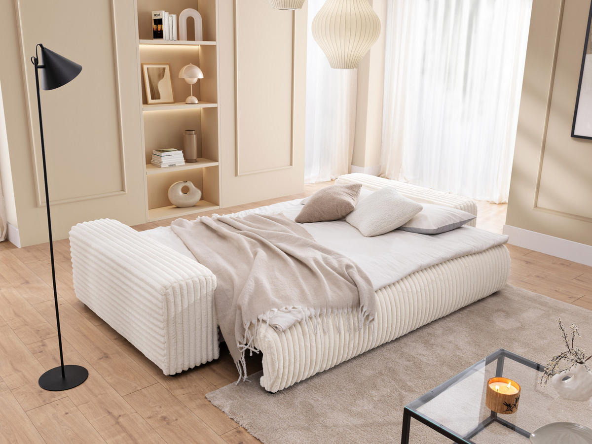 BIGSOFA Mollis Hellbeige Plüschcord mit Schlaffunktion - Beige/Schwarz, Holz/Kunststoff (260/77/124cm) - S-Style Möbel
