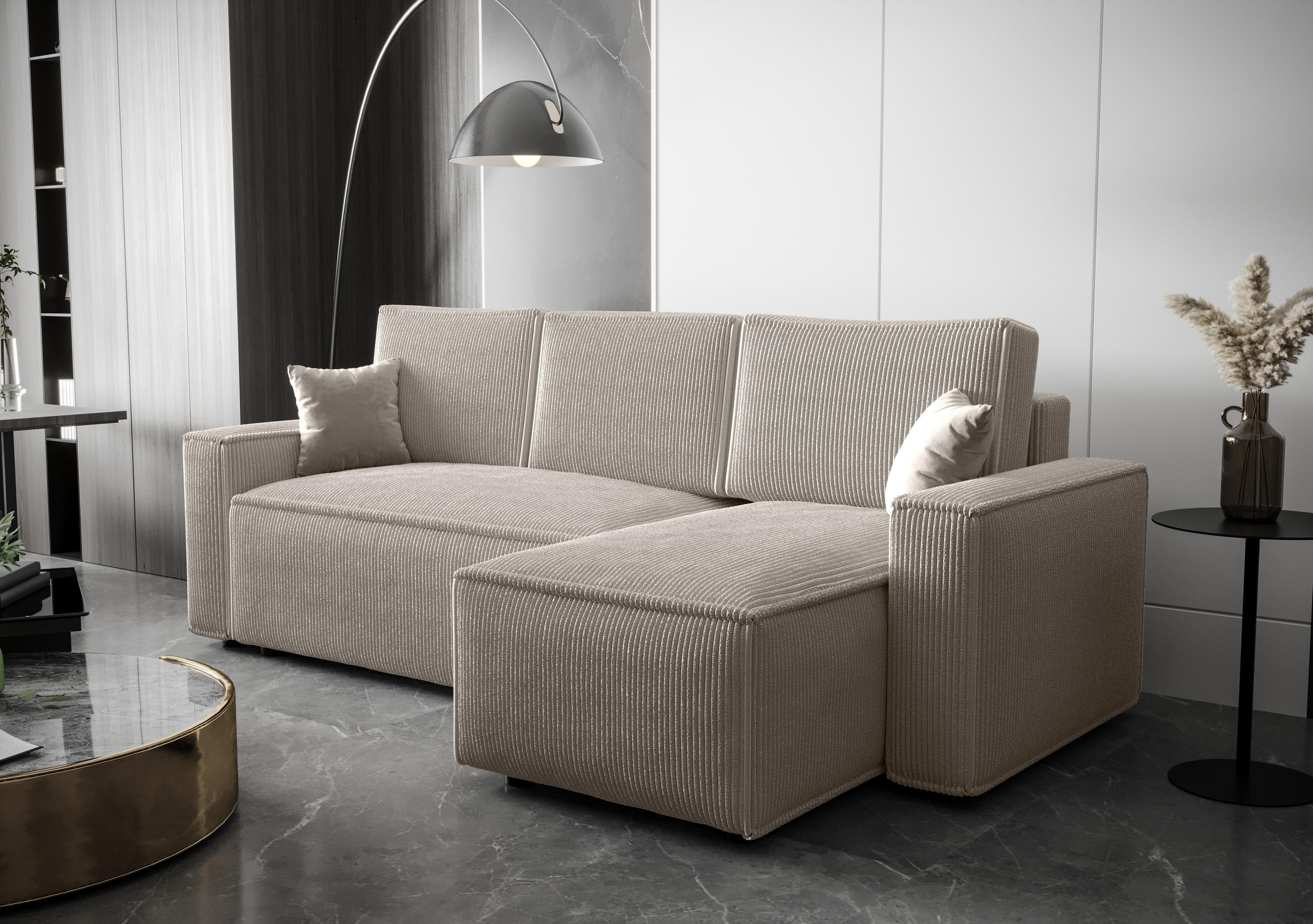 ECKSOFA AMRO CORD Beige mit Schlaffunktion - Beige/Schwarz, Kunststoff/Textil (237/140cm) - Luxkor24