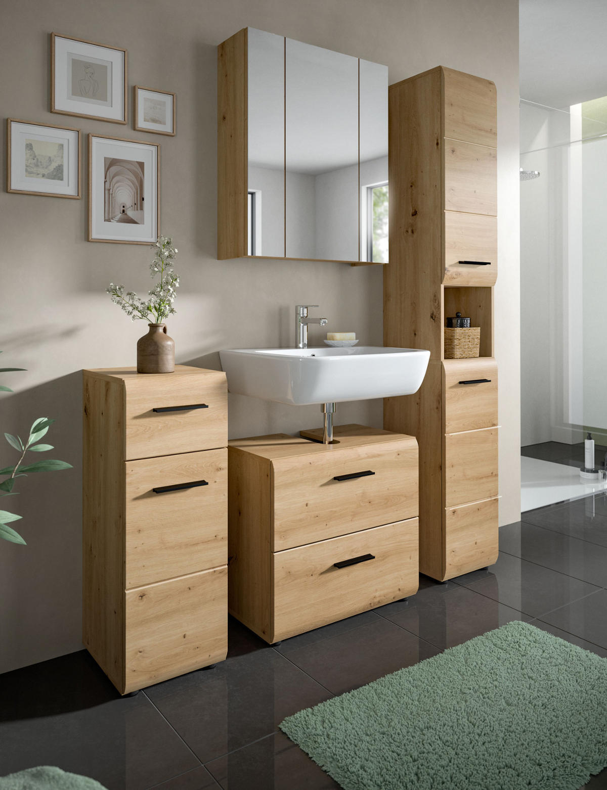 BADMÖBEL-SET 4-teilig in Artisan Eiche, 150 x 185 cm Badkombination, Cover - Schwarz/Eiche Artisan, Glas/Holzwerkstoff (150/185/30cm) - Inn.Furn