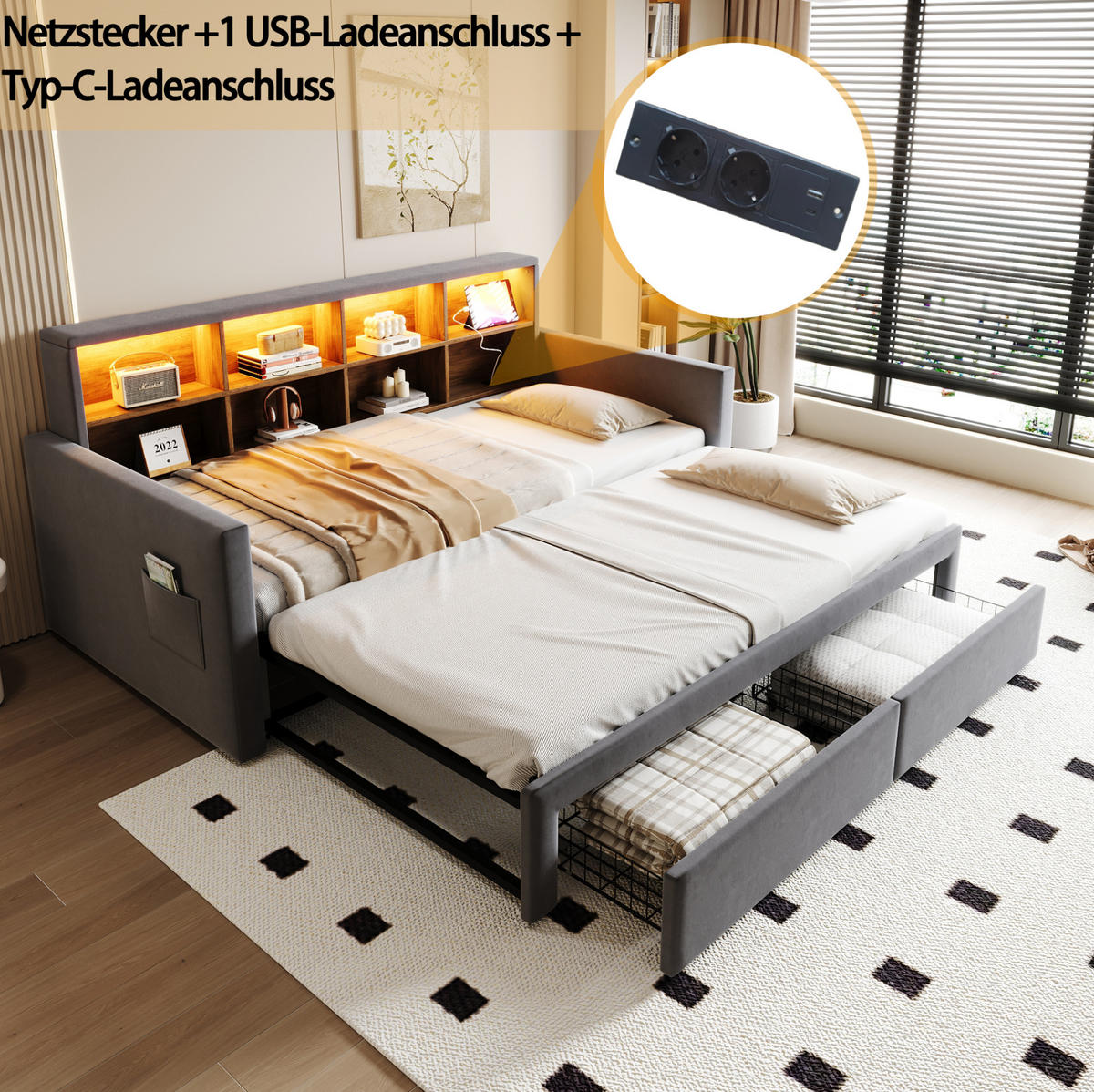 SCHLAFSOFA aus Samt 90x190 cm Grau mit LED-Beleuchtung, Ladeanschlüssen und Schubladen - Dunkelgrau, Textil (90/190cm) - IVMEU