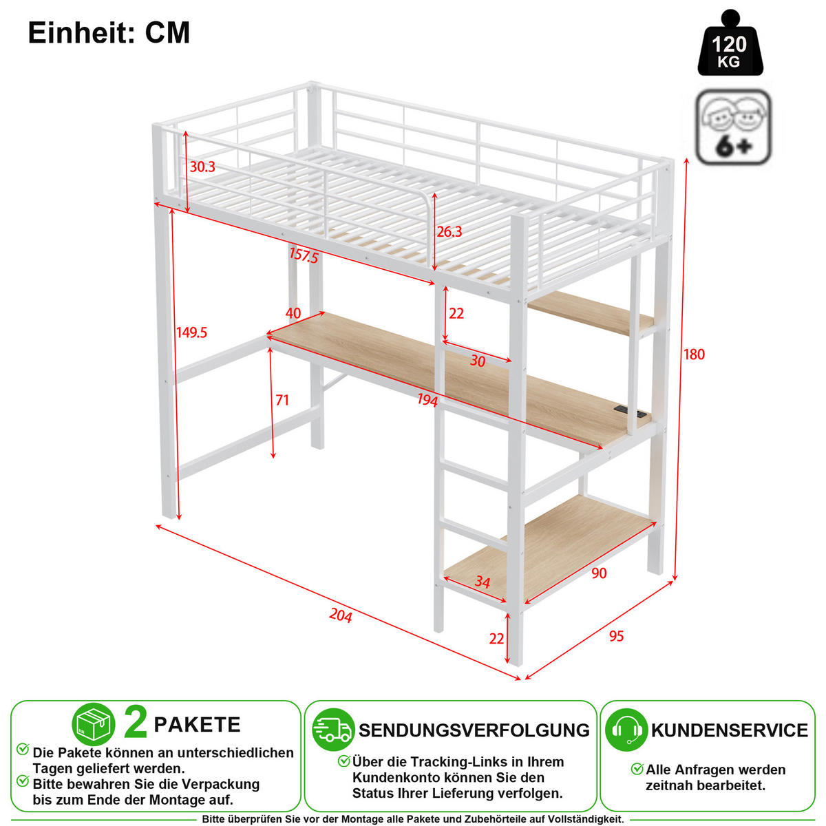 VYVÝŠENÁ POSTEL 90/200 cm v bílé barvě s LED osvětlením, USB a pracovním stolem - bílá, kov/kompozitní dřevo (90/200cm) - CHICFURN