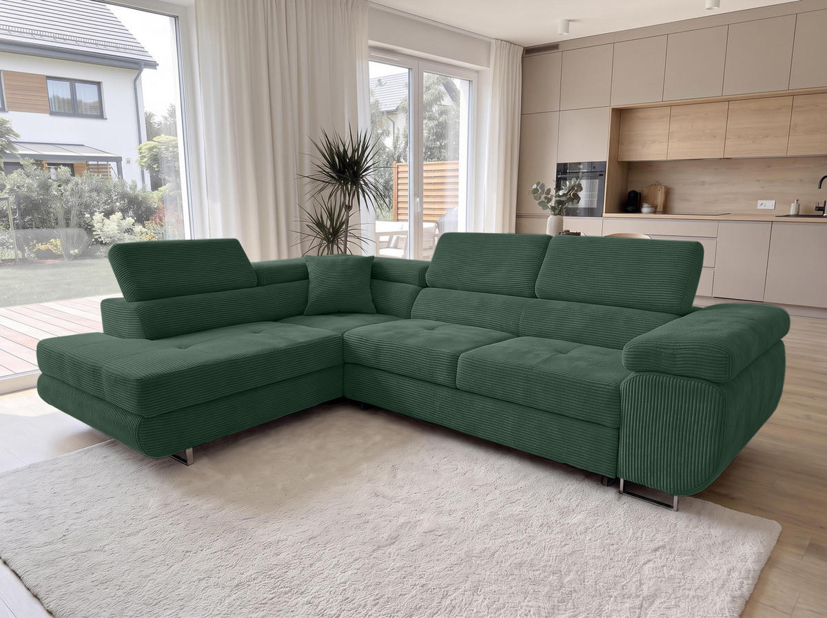 ECKSOFA L Form Konak Flaschengrün 276/201/90 cm Links mit Schlaffunktion - Dunkelgrün/Silberfarben, Textil/Metall (203/276cm) - AX Living