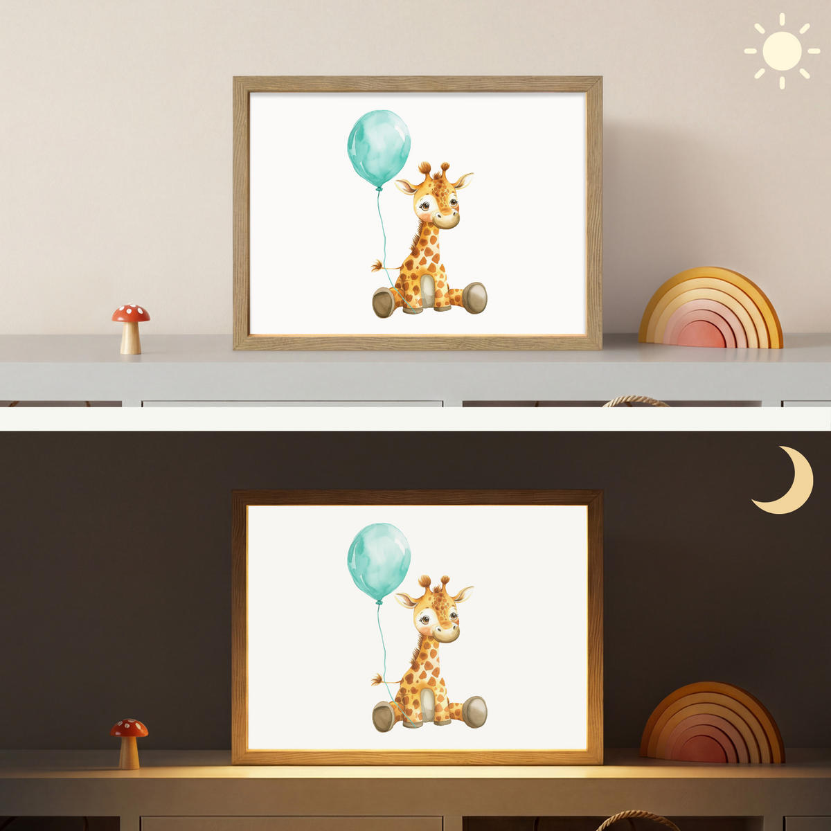 WANDLEUCHTE MIT AKKU Giraffe - Baby - Tiere - Blauer Ballon 40x30 cm - Weiß, Holzwerkstoff (40/30/8cm) - OnlyWow