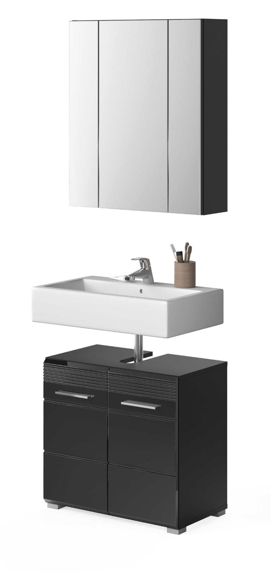 BADMÖBEL-SET schwarz Hochglanz, 2-teilig 60 cm, Badkombination mit Spiegelschrank - Schwarz, Glas/Holzwerkstoff (60/190/34cm) - Inn.Furn