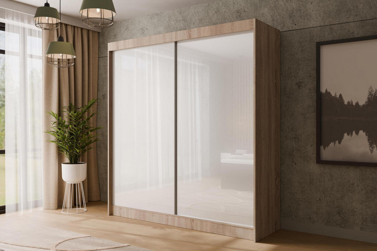 KLEIDERSCHRANK PEKA - 200 cm - Sonoma Eiche|Weiß - Weiß/Sonoma Eiche, Holzwerkstoff (200/215/61cm) - ALTDECOR