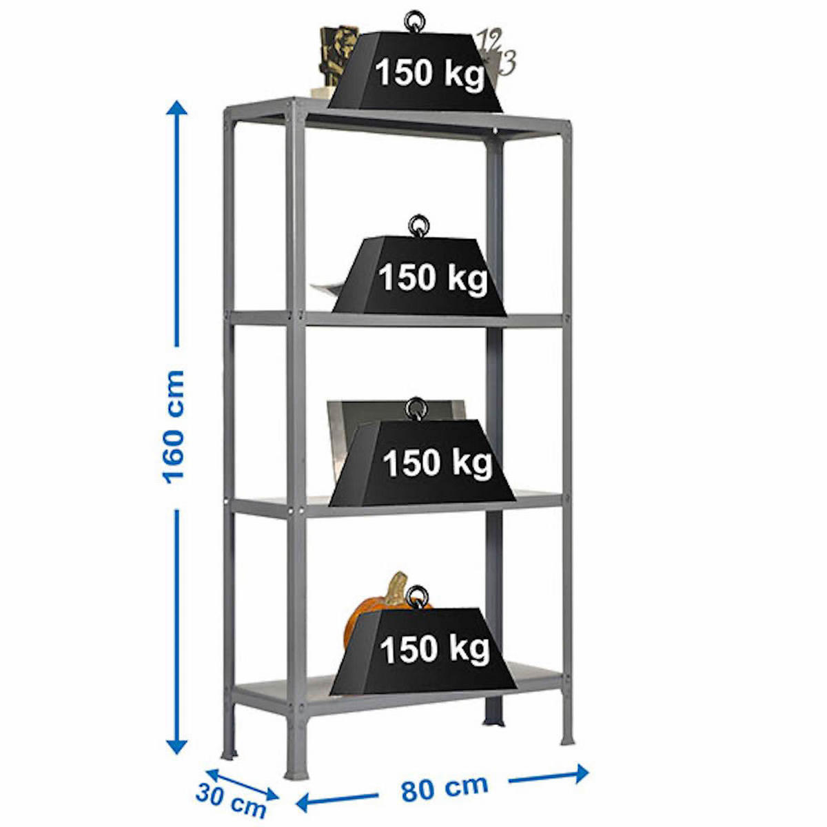 WOHNREGAL LIVING KOALA METAL mit 4 Fachböden | HxBxT 160x80x30cm | Fachlast 150kg | Grau/Grau - Grau, Metall (80/160/30cm) - PROREGAL