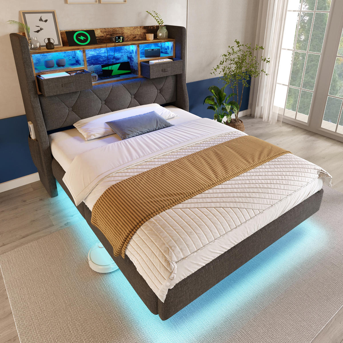 POLNJENA postelja iz lanu 90x200 cm siva z LED osvetlitvijo, USB/Type-C polnilno postajo in prostorom za shranjevanje - siva, tekstil (90/200cm) - Modfu