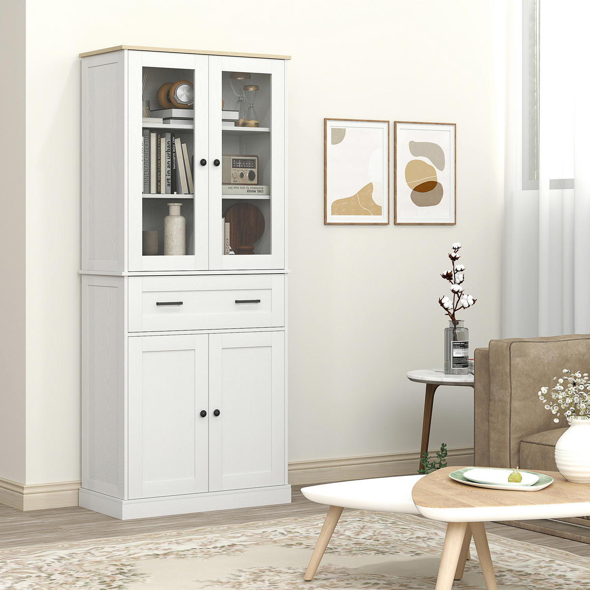 KÜCHENSCHRANK, Hochschrank mit Schublade, verstellbaren Einlegeböden, Cremeweiß - Creme/Schwarz, Holzwerkstoff/Metall (40/182.5/76cm) - HOMCOM